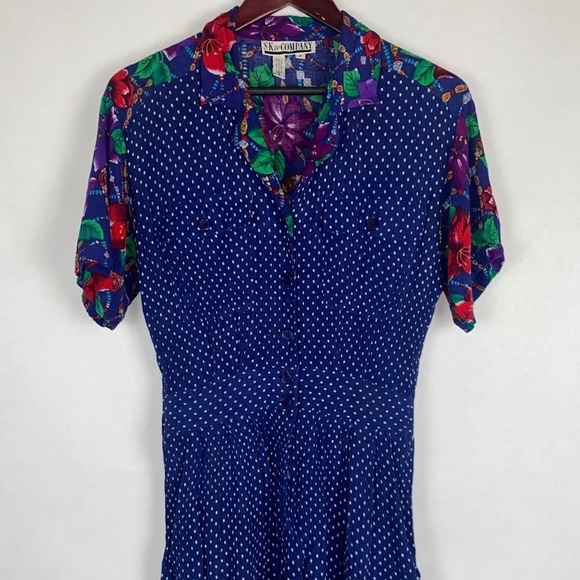 Vintage SK & Company Blue Polka Dot Floral Button Down Romper size Medium EUC - Picture 1 of 6